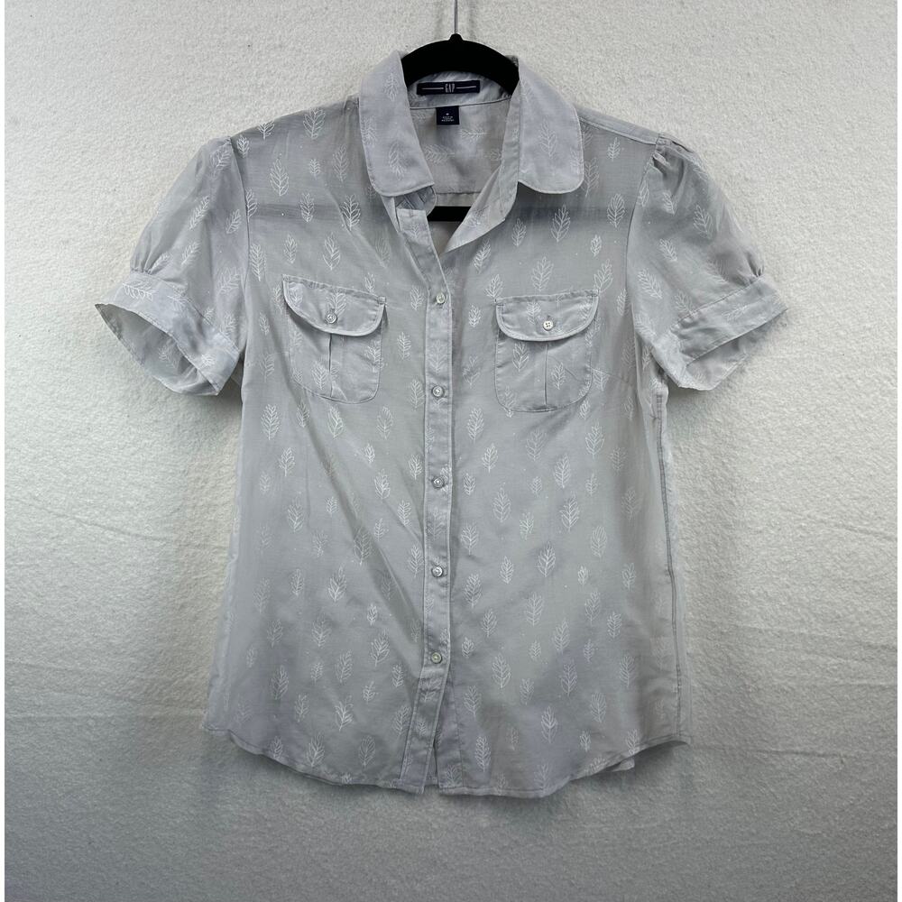 Gap Button-Up Semi-Sheer Blouse Delicate Leaf Pattern Cotton & Silk Size 6